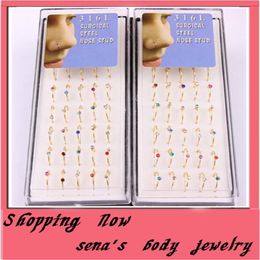 hoop nose ring 48pcs lot mix 6 Colour CZ gem body Jewellery piercing nose stud gold nose rings280D