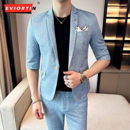 Men's Suits (Suit Pants) Men Summer Half Sleeve Slim Fit Wedding Custom Made 2 Pieces Business Formal Groom Tuxedo Ternos M-3XL