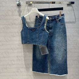 Women's Two Piece Dress Summer Denim Blue Women Sexy Skinny Crop Tops Straight Casual High Waist Skirt Matching Set