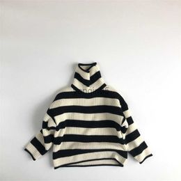 Pullover Autumn winter children striped turtleneck warm knit pullovers 1-7 years boys girls loose all-match long sleeve sweaters HKD230719