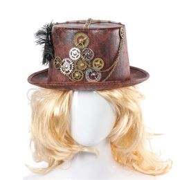 Steampunk Retro Hats Carnival Cosplay Bowler Gear Chain Feather Decor Party Caps Halloween Brown Round Top Hats For Men Women T200330N