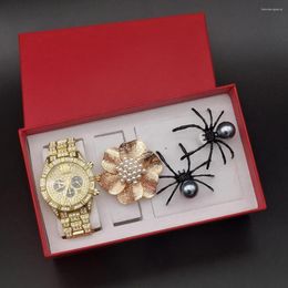 Wristwatches 4Pcs Luxury Women Steel Quartz Watches Hip Hop Shiny Crystal Wristwatch Reloj Muje Creative Metal Pearl Flower Ring Earrings