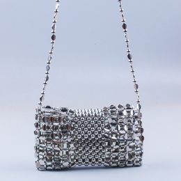 Evening Bags Hand-woven Silver Acrylic Beaded Crossbody Bag Cool Girl Y2K Hollow Out Weave Mobile Phone Bag Evening Bag Clutches Purses 230718