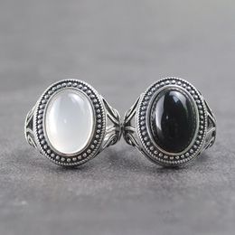 Natural Black Agate Chalcedony Opening Adjustable Ring Original Designer Craft Hollow Charm Women Thai Silver Brand Jewelry