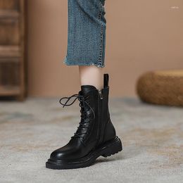 Boots Spring Autumn British Style Leisure Thick Heels Cross-tied Sewing Genuine Leather Women Ankle Short Modern Winter Plush