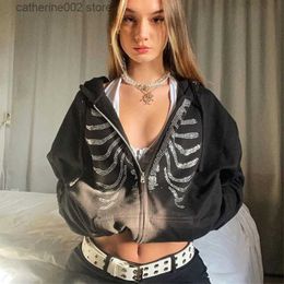 Men's Hoodies Sweatshirts Y2K Rhinestone Women Skeleton Grunge Goth Hoodie Black Hippie Zip Up Oversized Hoodies Autumn Winter Dark Waatfaak Streetwear T230719