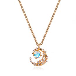 Cute Bling Cubic Zirconia Moonlight Stone Necklace Simple Metal Moon Choker Chain Gold Colour Aesthetic Pendant Jewellery Collars Accessories For Women Wholesale