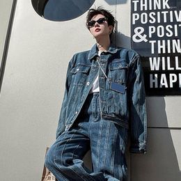 Men's Tracksuits C Y Spring Colour Pleated Denim Jacket Trousers Loose Suit 2023 Turn-down Collar Single Breasted Male Tops 9A7161