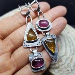 Dangle Earrings Large Geometric Triangle Metal Purple Stone Yellow Orange Asymmetrical Female Retro Jewellery Gift