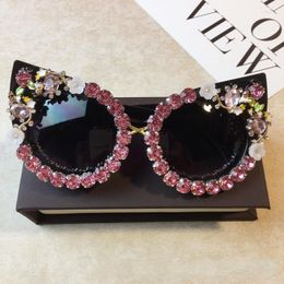 Sunglasses Handmade Rhinestone Cat Eye Fashion Glasses Women Flower With Pearl Round Vintage Beach Party Sunglass