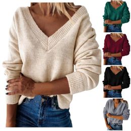 Women's Sweaters 2023Autumn Winter Womens Sweater Sexy V-Neck Sweatershirts Tops Solid Loose Knit Pullover Long Sleeved