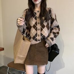 Women's Knits V-Neck Colour Matching Block Argyle Sweater Cardigan Single Breasted Women Fall Brown Vintage Casual Outerwear Kawaii Tops