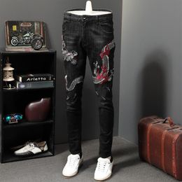 Dragon Embroidery Jean Man Directly Canister Self-cultivation Leisure Time Long Pants Personality Elastic Vaqueros Hombre Skinny230S