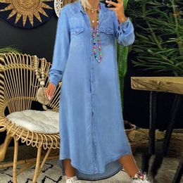 Casual Dresses Vintage Denim Dress Turn-Down Collar Long Sleeves Women DressSingle Breasted Maxi Two Pockets Solid Colour 2023