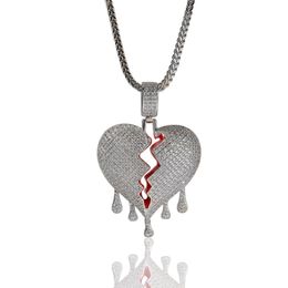 Fashion Broken Heart Pendant Necklaces Full Rhinestone Shining Boys Rock Rapper Necklace Tennis Chain Mens Hip Hop Jewelry For Gif2513