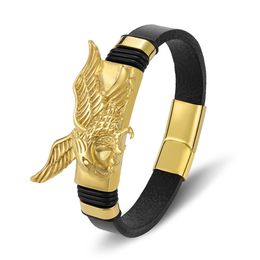 Bangle TYO High Quality Fashion Charm Rope Braided Bangles Gold Colour Men Leather Bracelet Eagles Animal Magnetic Jewellery Metal 230718