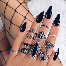 European and American Retro Hollow Lotus Animal Elephant Geometric Square Black Stone Ring 12 Piece Set1214168S