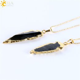 CSJA Natural Black Indian Onyx Agate Arrowhead Charms Pendants Necklace Electroplated Gold Plated Raw Stone Energy Handmade Jewelr245g