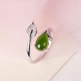 Original new natural Hetian jade leaf drop opening adjustable ring elegant charm creative retro female silver Jewellery