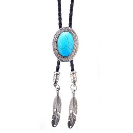 Bolo Ties N58F Adjustable Bolo Tie Popular Western Cowboy Teens Men Women Necklaces Dance Necktie Vintage Sweater Turquoise Pendant HKD230719