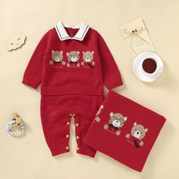 Clothing Sets Baby clothing set 100% pure cotton knitted baby boy jumpsuitblanket cute bear baby long sleeved jumpsuitbedding 230719