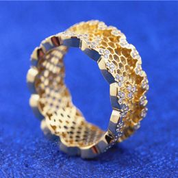 18CT Gold Plated Shine Honeycomb Lace Ring with Cz Stones Fit Pandora Charm Jewelry Engagement Wedding Lovers Fashion Ring197T