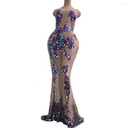 Stage Wear Summer Nightclub Mesh Dress See Through Sequins Women Prom Party Celebrate Long Tail Evening Bodycon Dresses