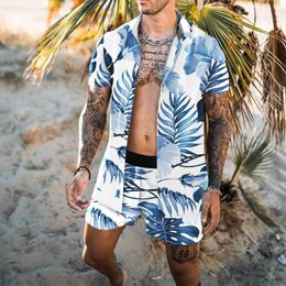 Mens Tracksuits Summer Printed Short Sleeve Button Beach Shirt Holiday Tropical Two Piece Cardigan High Quality 230718