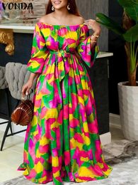 Basic Casual Dresses VONDA Women Maxi Sundress 2023 Sexy Off Shoulder Bohemian Party Dress Belt Long Lantern Sleeve Vintage Floral Printed Robe Femme 230719