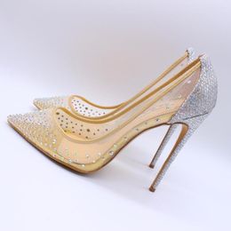 Dress Shoes Fashion Women Pumps Lady Nude Mesh Strass Pointy Toe High Heels Size33-43 12cm 10cm 8cm Bride Wedding