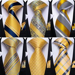 Bow Ties DiBanGu Mens Tie Yellow Striped Silk Wedding For Men Hanky Cufflink Set Fashion Bussiness Party Drop Design 230718