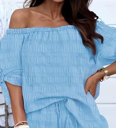 Women's Tracksuits 2023 Selling Casual Lace Up High Waist Off Shoulder Details Textured Top And Shorts Set