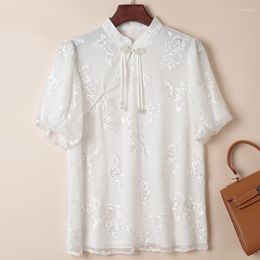 Women's Blouses Chinese Style Vintage Shirt Tops Summer Elegant Shirts Short Sleeve Women Embroidery Real Silk White Blouse
