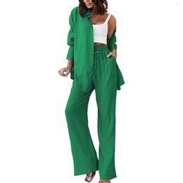 Women's Two Piece Pants Set Loose Solid Long Sleeve Shirt Casual Lace Up Fashion Jumpsuit Women Pant Suit