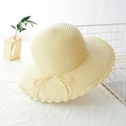 Wide Brim Hats Casual Summer Straw Hat Women Beach Floppy Sun Visor UV Protect Bow Ribbon Ladies Panama Cap Female