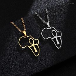 Pendant Necklaces Fashion Africa Map Ankh Hollow Stainless Steel Gold Plated African Maps Cross Necklace For Women