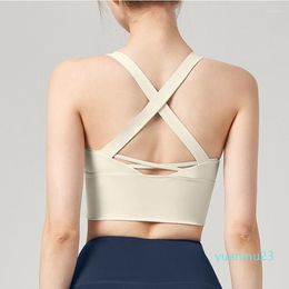 Yoga Outfit Sports Bra Women's Summer Shockproof Tops Outwear Running Nude Tank Top Cross Back Gathering High Strength Fitness