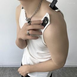 Men's Tank Tops 2023 Summer Korean Style Shoulder Detachable PU Leather Strap Design For Men Casual Slim White M-XL