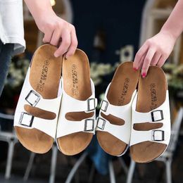 Slippers 2021 New Summer Women Leather Mule Clogs Slippers High Quality Soft Cork Two Buckle Slides Footwear for Men Women Unisex 35-45 L230719