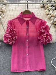 Women's Blouses Club Short Sleeve Blouse Beautiful Pearl Butterfly Shirt Solid 2023 See-through Top INKEO 3T112