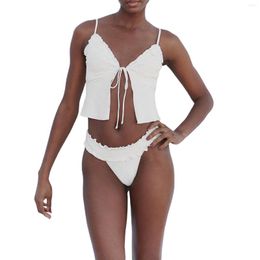 Women's Tracksuits 2023 Summer Holiday Fashion 2Pcs Beachwear Sets White Sleeveless Ruched Sling Vest Low Waist Tie Up Thong