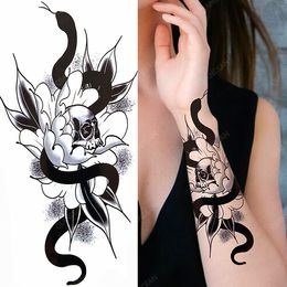 1pc Snake Flower Women Waterproof Temporary Tattoos Stickers Arm Sleeves Art Hipster Black Skull