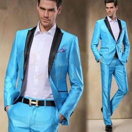 Men's Suits & Blazers 2021 Comfortable Fit Arrival Sky Blue Satin Groom Tuxedos Slim 2 Pieces Mens Wedding Prom Dinner Party 2887