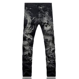 Men's Jeans Men Pants Slim Fit Fashion Dragon Print Male Colored Drawing Painted Denim Elastic Black Cargo191D