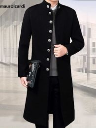 Men's Wool Blends Mauroicardi Autumn Winter Long Fitted Black Woolen Coat Men Mandarin Collar Single Breasted Plus Size Clothing 2023 3xl 4xl 5xl HKD230718