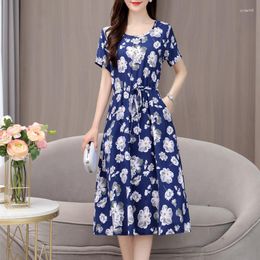 Party Dresses Women Summer For Mid-Calf Print 2023 Casual Short Sleeve Pockets Dress Clothes