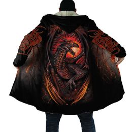 Men's Wool Blends 2021 Winter Mens Cloak skull and Dragon Armor Tattoo 3D Print Fleece Hooded cloak Unisex Casual Thick Warm cloak coat PF30 HKD230718