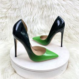 Dress Shoes Black Green Gradient Colour Women Pointy Toe Glossy Stiletto Pumps Sexy Ladies 12cm High Heel Party 10cm