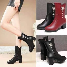 Boots Women 2023 Winter Plus Velvet Warm High Heels Ladies Fashion Mid-tube Single Red Black Women's Shoes