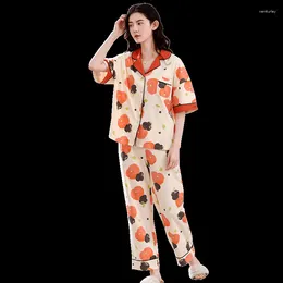 Women's Sleepwear Pajamas Sets For Women 2023 Summer NightWear Leisure Home Cloth Woman Print Short Sleeve Full Pure Cotton Pyjama Girl